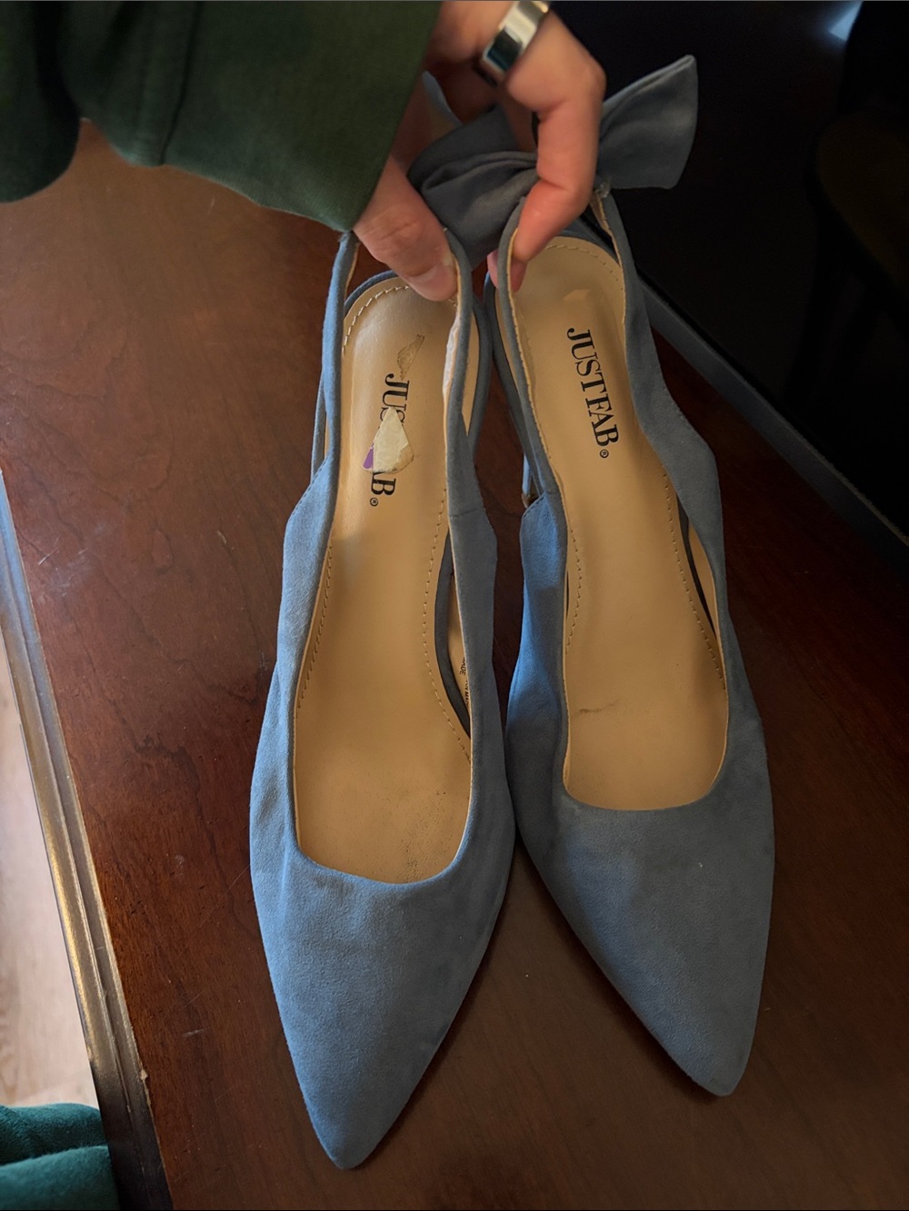 JustFab Dusty Blue Pointed-Toe Slingback Pumps with Bow
